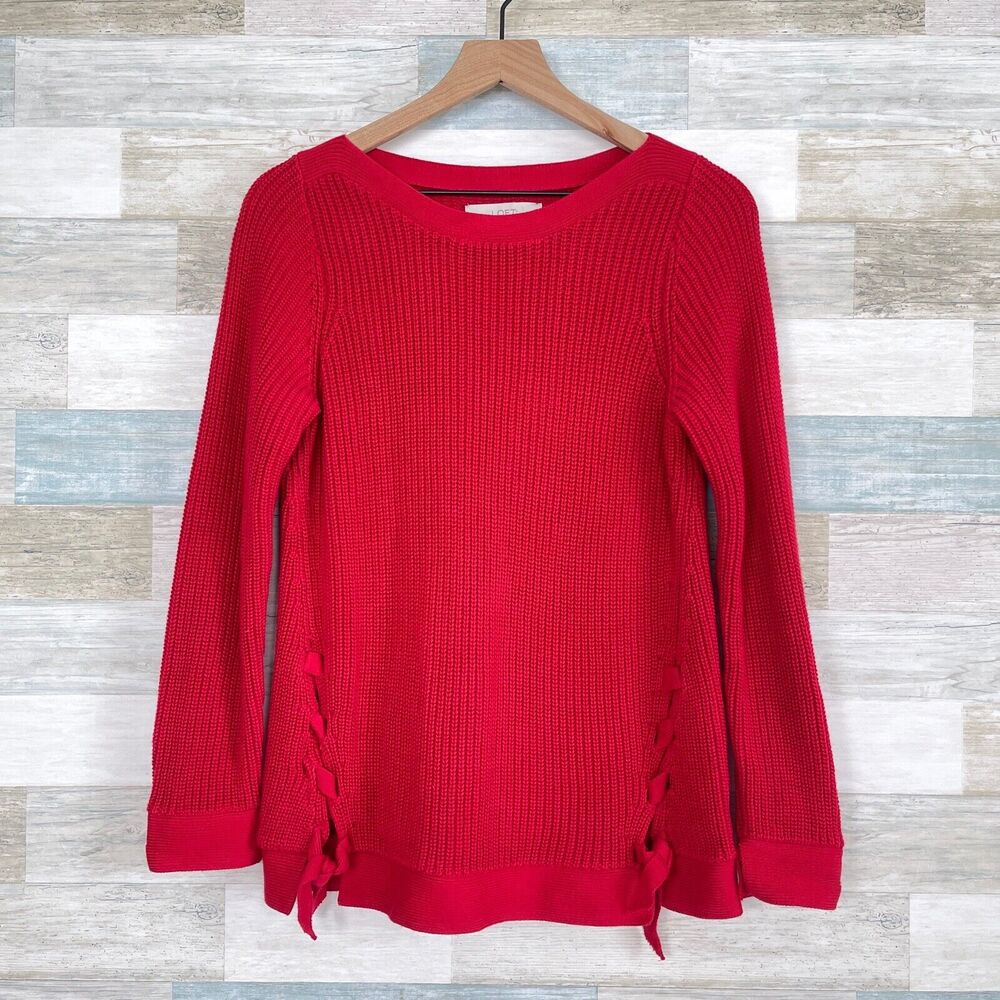 LOFT Lace Up Boatneck Sweater Red Chunky Knit Cotton Casual Womens Small
